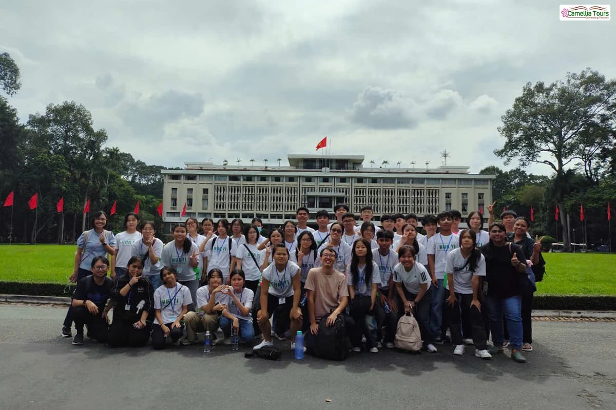 A student group at the Reunification Palace in Ho Chi Minh City