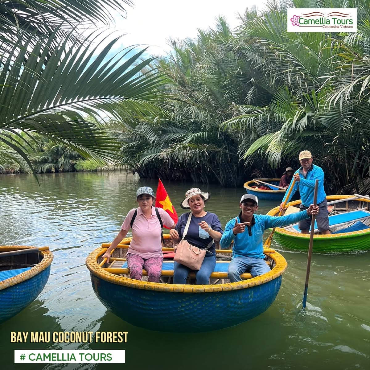 Guests riding basket boats through Bay Mau Coconut Forest