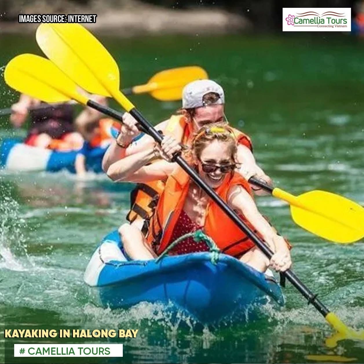 Travelers kayaking together in Ha Long Bay