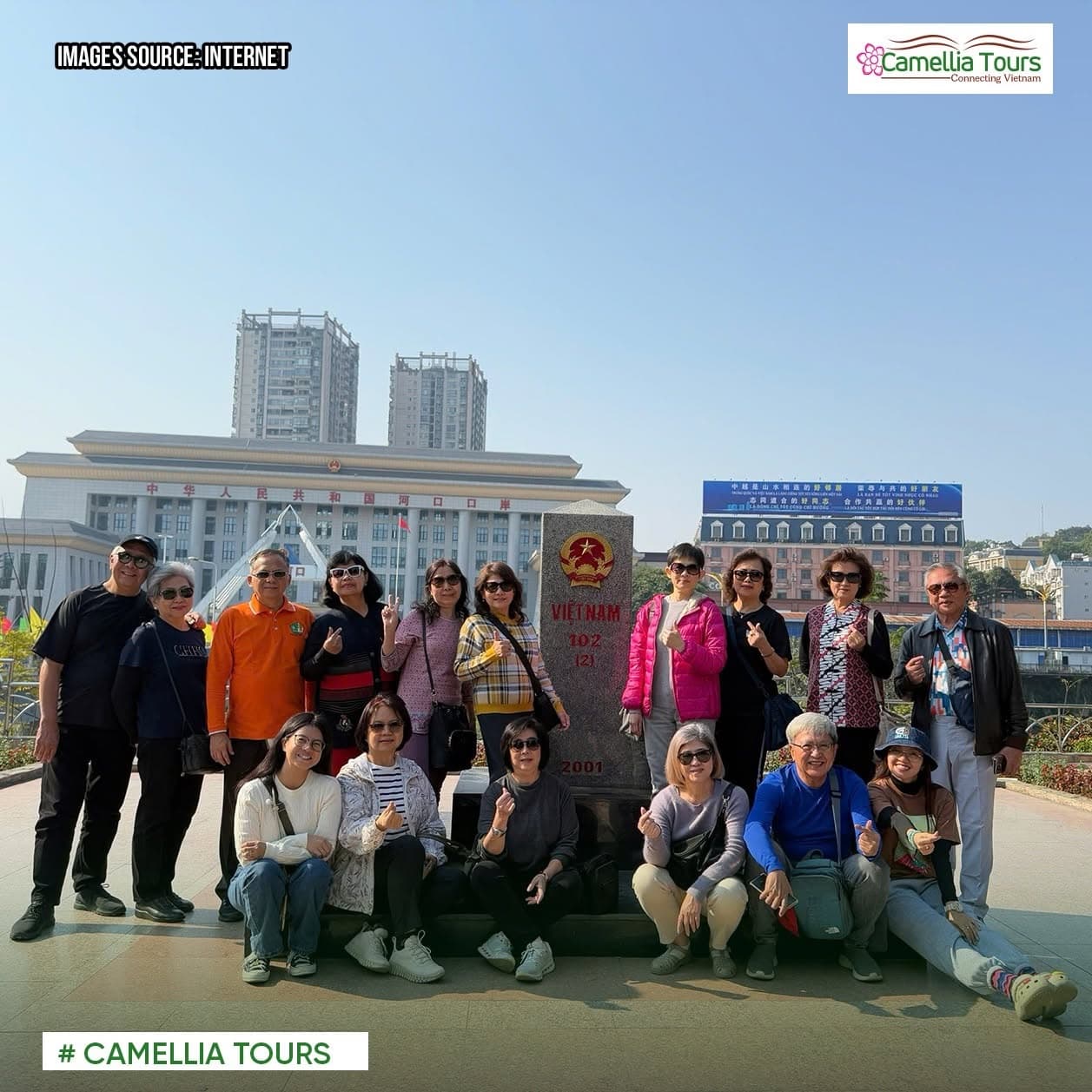 Camellia Tours group visiting the Vietnam border marker in Lao Cai