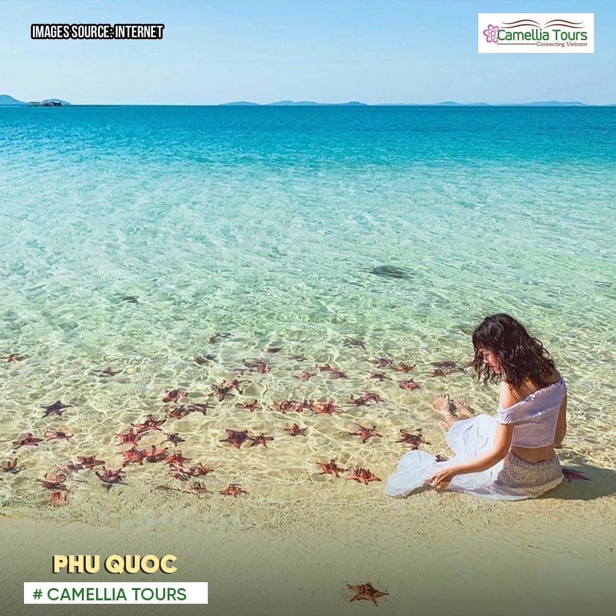 Guest enjoying the clear water and starfish at Phu Quoc
