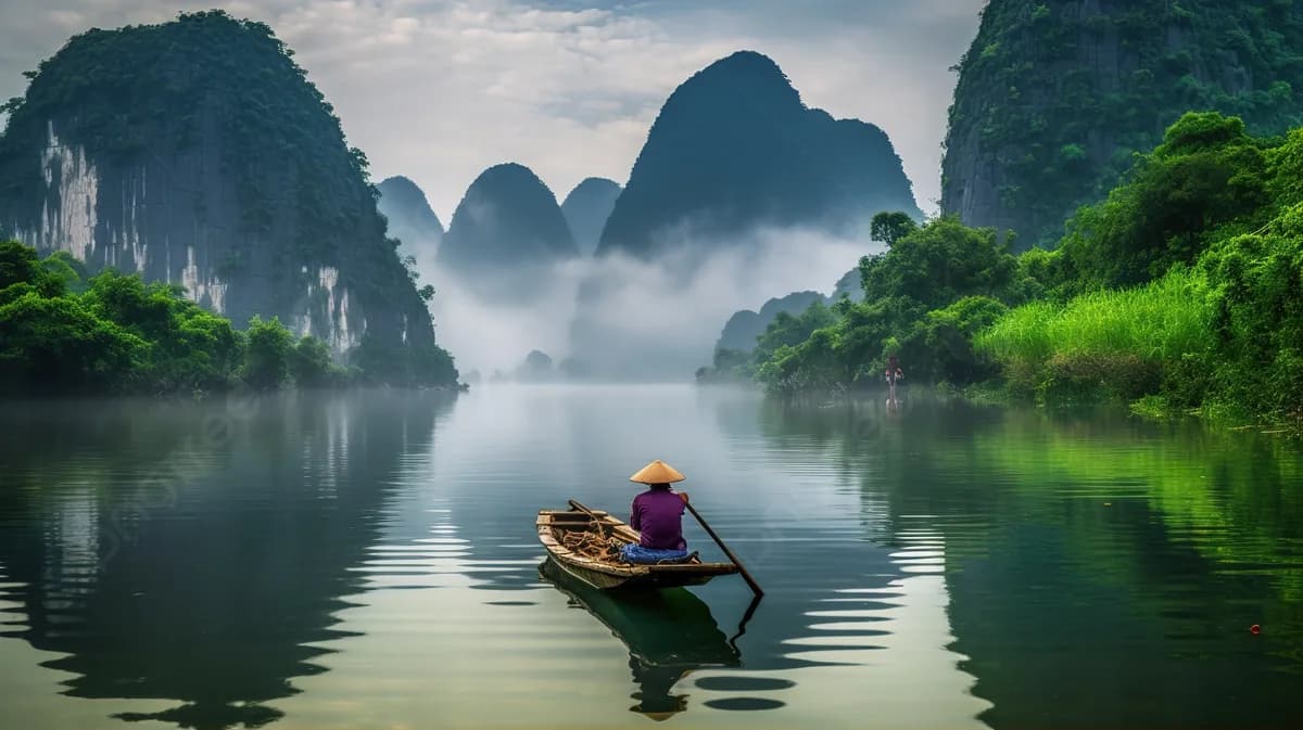 Karst mountains beside a river in Vietnam