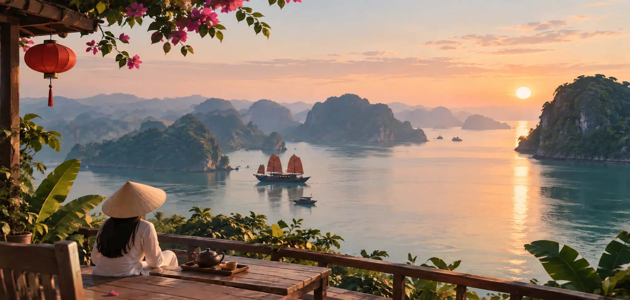 Woman in a conical hat overlooking Ha Long Bay at sunrise